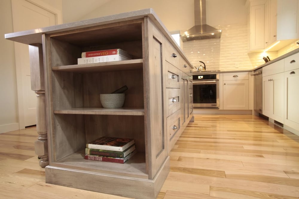 Custom built-ins in kitchen island in New Hampshire kitchen remodel