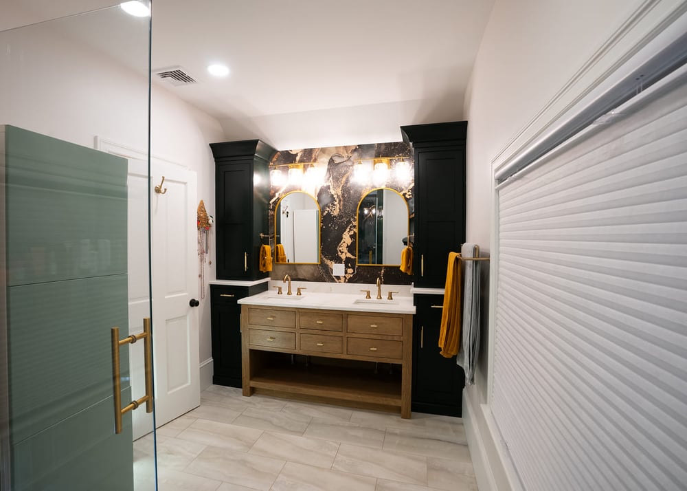 Double natural wood vanity and large format floor tile in Portsmouth, NH bathroom remodel