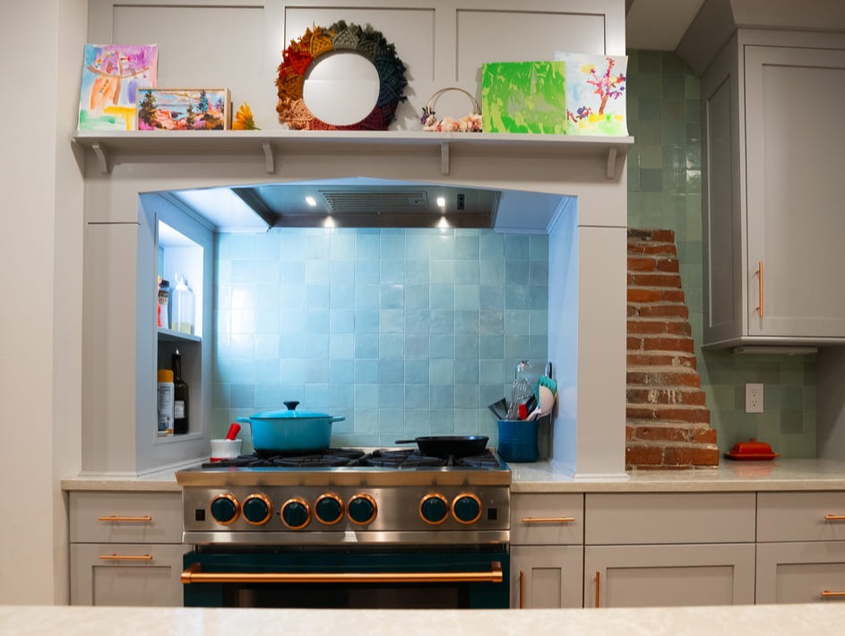 Green tile backsplash behind stove in Portsmouth, NH whole home remodel