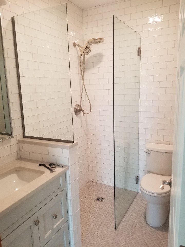 Portsmouth NH Bath Remodel with subway tile wall and chevron tile floor