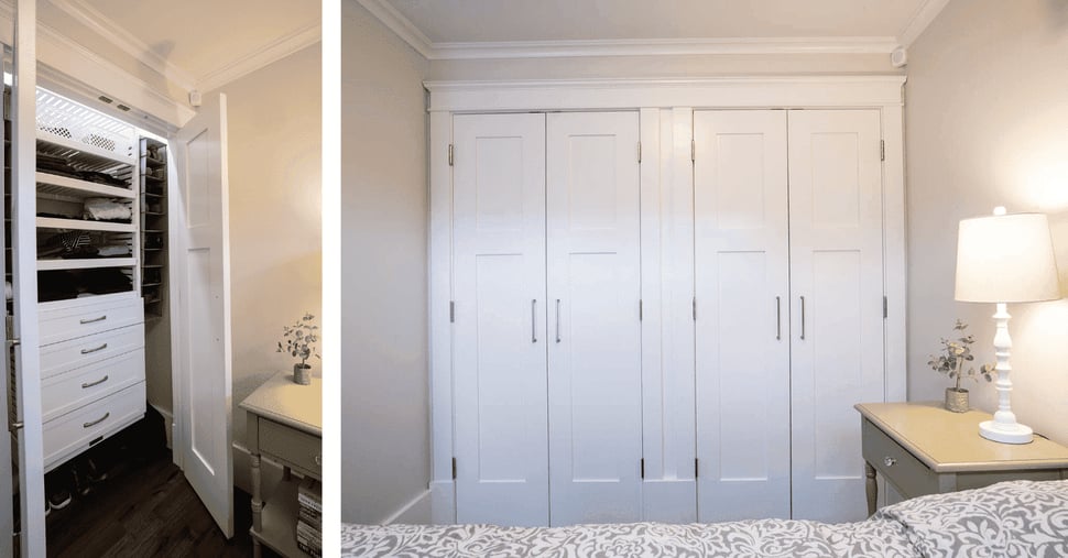 Double picture of walk in closet with white cabinets and white closet exterior in New Hampshire whole home remodel