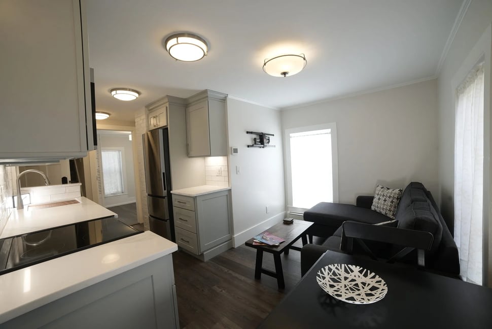 Kitchen and living room with induction stove in home remodel